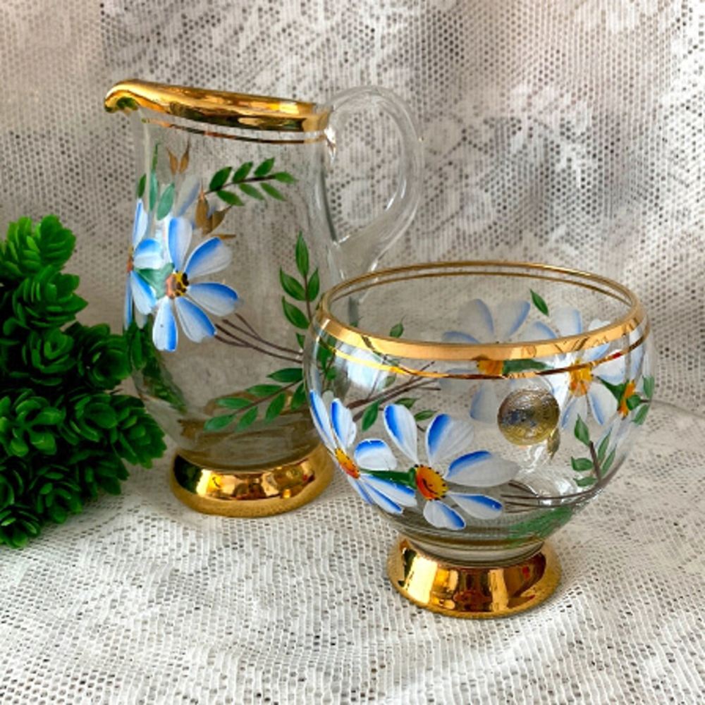 Vintage 50’s Romanian Glass Creamer and Sugar Bowl. Gold Gilt Trim & Leaves